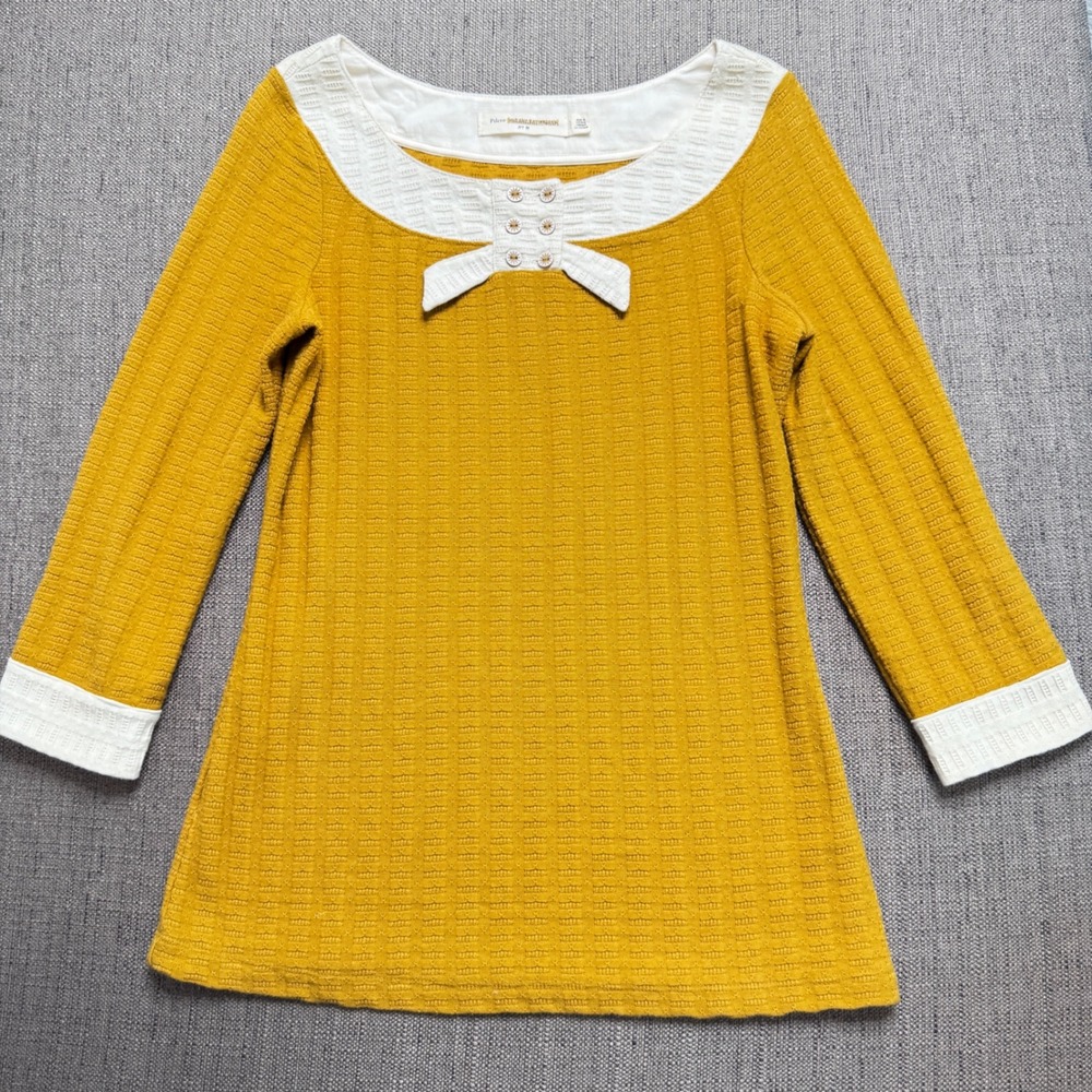 Pilcro and the Letterpress Mustard Yellow Bow Button Knit Top Medium 3/4 Sleeve